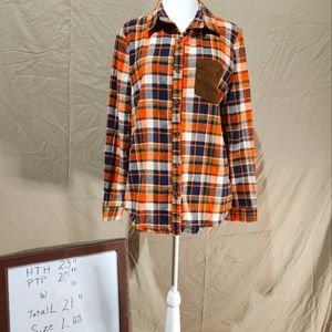 Ya L orange/blue plaid flannel shirt brown velvet elbow patch and pocket details